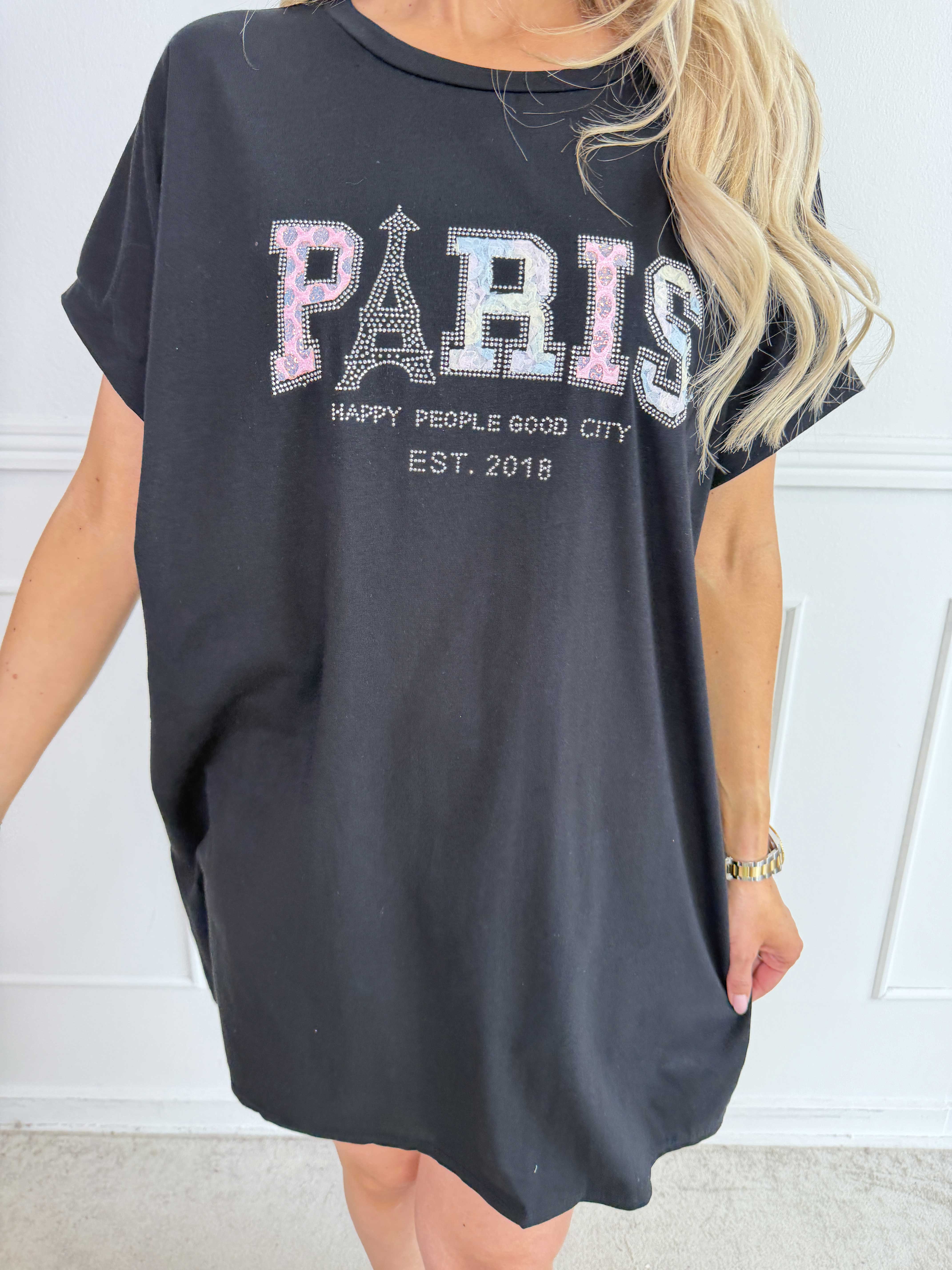 Milla - Plus size t-shirtkjole i bomuld med Paris stående med similisten